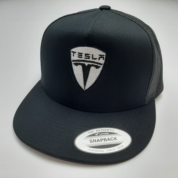 Tesla Flat Bill Embroidered Mesh Snapback Cap Hat Black - Picture 2 of 4